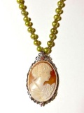 Pistachio Pearl & 14K Gold Beaded Necklace with Large Cameo Pendant