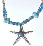Pretty Blue Beaded Necklace with Large Silver Tone Starfish Pendant