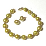 Pistachio Pearl & 14K Gold Beaded Bracelet with Matching Pierced Earrings