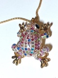 Adorable Gold Tone Frong Pendant with Multi-Colored Stones on 30