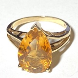 10K Gold Ring with Tear Drop Shaped Amber Stone Size 8