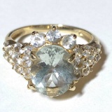 Pretty 10K Gold Ring with Light Blue Stone & Clear Stones Size 7