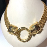 Gold Tone Choker with Wild Cat Heads with Green Stone Eyes