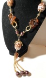 Gold Tone & Amber Chunky Beaded Long Necklace