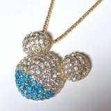 Gold Tone Mickey Mouse Ears Slider with Turquoise Colored & Clear Stones on Long Gold Tone Chain