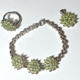 3 pc Sterling Silver Bracelet, Pendant & Ring Set with Green Stones