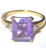 10K Gold Ring With Large Purple Rectangular Stone & Clear Stones Size 7
