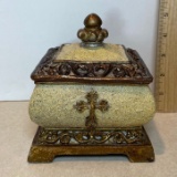 Square Decorative Lidded Dish Made of Molded Resin with Cross Front