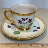 Hand Painted Eggshell Georgian Demitasse Cup & Saucer with Purple Flowers & Gilt Accent