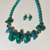 Turquoise Tone Beaded Costume Necklace with Matching Pierced Earrings