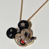 Gold Tone Enamel Mickey Mouse Pendant/Pin on Long Gold Tone Chain