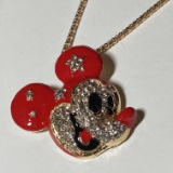 Mickey Mouse with Red Ears Pendant/Brooch on Long Gold Tone Chain