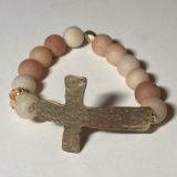 Hammered Copper Tone Cross Stretchy Bracelet with Peach Tone Beads