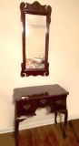Small Mahogany Finish Chippendale Style 3 Drawer Accent Table w/ Mirror