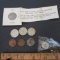 Odd Lot of Coins, 3 Wheat Pennies, 3 1940 Nickels, Uncirculated 1972 Dime, Free Coin From Bank