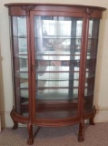 Rare Antique Tiger Oak Curio Cabinet, Curved Glass, Mirrored Back, Claw Feet, Carved Heads, with Key