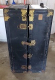 Antique Everwear Steamer Wardrobe Chest Trunk, Brass Trim, Blue Interior