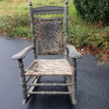 Antique Split Oak Rocker, Carved Back, Wood Sturdy