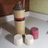 Vintage Thermos with Cork Stopper and Multiple Cups