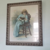 Victorian Style Print “ Very Interesting “ In Ornate Wood Frame with Bow Detail