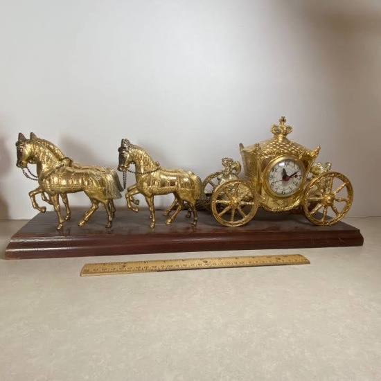 Brass Tone Horse & Chariot Clock on Wood Base