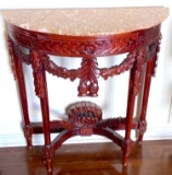 Nice Carved Wood Demi-Lune Console Table with Granite Top