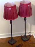 Pretty Pair of Black Candlestick Lamps with Red Shades