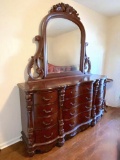 Beautiful Dark Wood Curved Front Dresser with Mirror