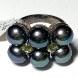 Sterling Silver Ring with 8.5mm Black Round Pearls Size 7