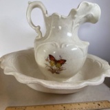 Pretty Ceramic Wash Basin & Pitcher with Butterfly Design