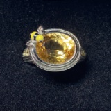 Sterling Silver Bee Ring with Yellow-Orange Stone Size 7