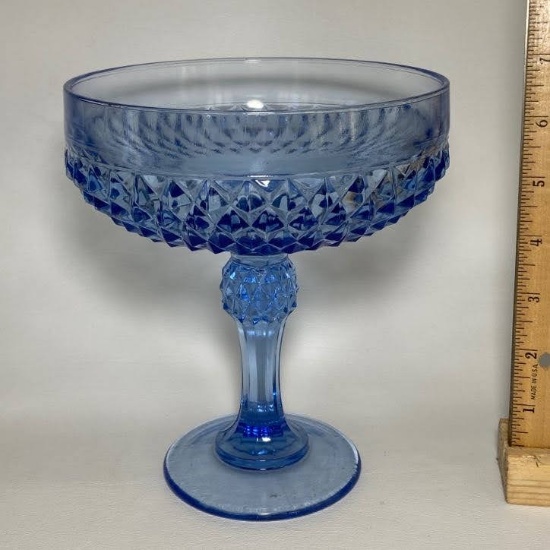Vintage Blue Glass Pedestal Bowl with Diamond Pattern