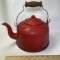Vintage Enamelware Teapot Red with White Speckles, Lid & Wood Handle