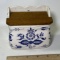 Pretty Vintage Blue & White Pottery Salt Box w/  Wooden Top & Hole for Hanging