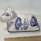 Vintage Blue & White Porcelain Cow Butter Dish