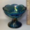 Blue Carnival Glass Candlestick with Embossed Grape Design