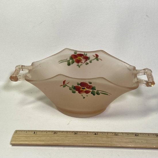 Pink Depression Satin Glass Double Handled Basket with Hand Painted Floral Design