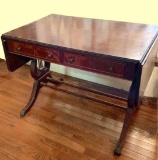 Mahogany Drop-Leaf Harp Table w/2 Drawers,Metal Claw Feet & Beautiful Carvings