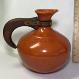 Orange Bauer Pottery Teapot with Wood Handle Signed on Bottom