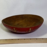 Small Vintage Wooden Dough Bowl with Farmer Couple Appliqués on Bottom