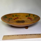 Vintage Footed Wooden Dough Bowl with Hand Painted Cherry Vine by Woodcraftery
