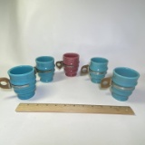 Lot of 5 Metlox Poppytrail Turquoise & Rose Pottery Mugs with Wooden Handles