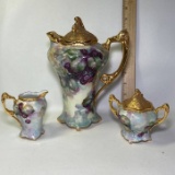 Porcelain 3 pc Tea Set with Grape Design & Beautiful Gilt Accent Signed Judy Dickinson