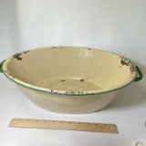 Large Vintage Beige Enamel Basin with Green Edges & Handles