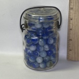 Vintage Mason Jar Full of Blue & White Marbles
