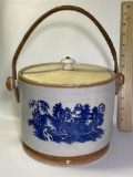 Vintage Blue Willow Pottery Biscuit Barrel with Wooden Lid Made in Japan