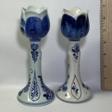 Delft Pottery Tulip Candlesticks Signed on Bottom - One Has Blue Tint