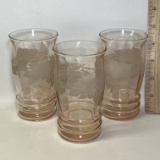Set of 3 Vintage Pink Depression Glass Juice Glasses with Frosted Floral Design