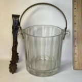 Vintage Glass Ice Bucket with Silver Plated Tongs & Handle