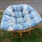 Vintage Papasan Chair, Blue Cushion, Bamboo Wicker Frame with Base